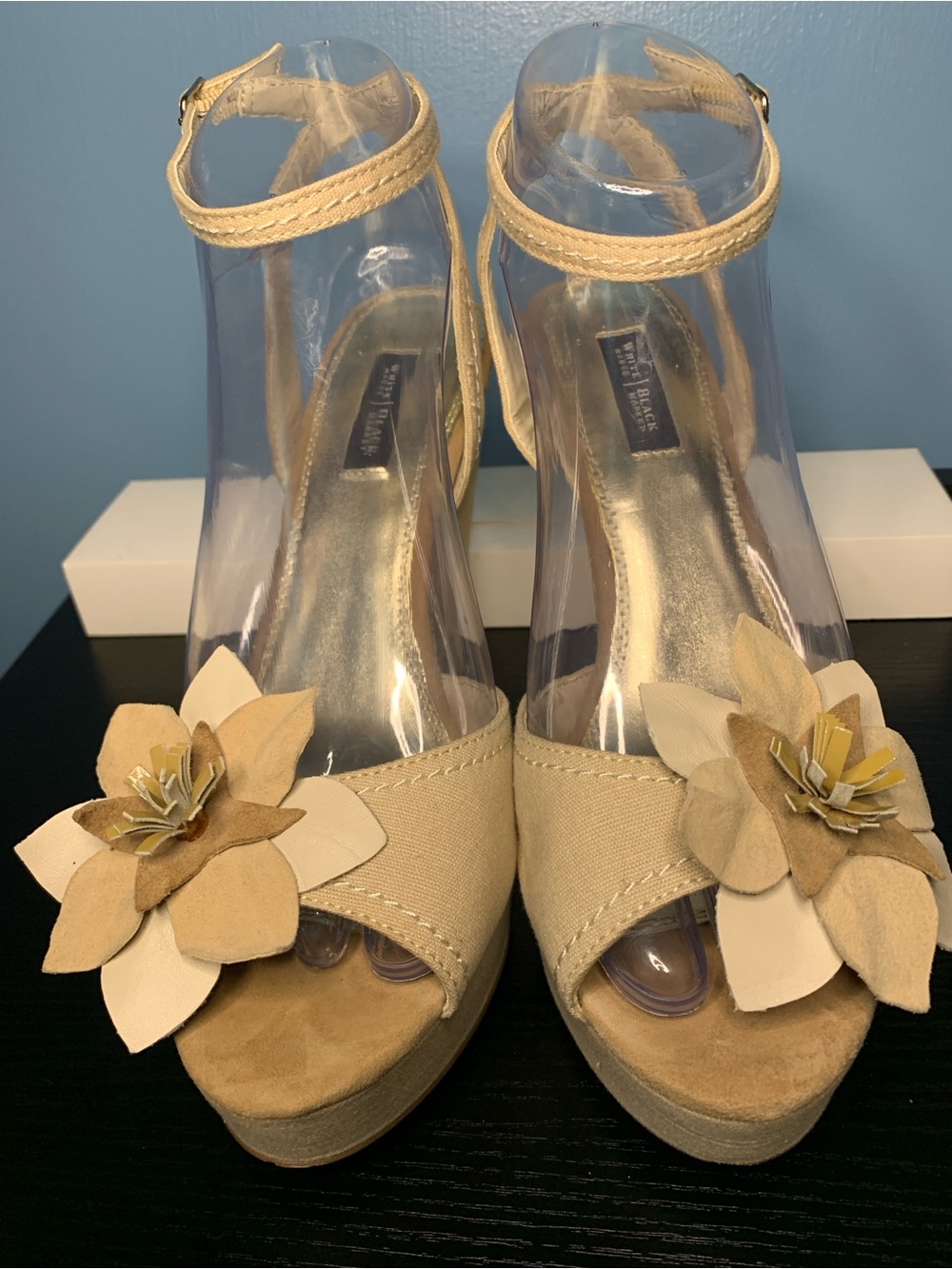 White House Black Market Beige Floral Ankle-Strap Wedge Sandals